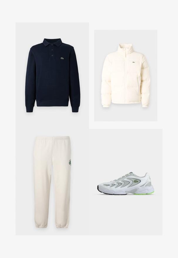 Weiße Daunenjacke mit hohem Kragen, ausgestattet mit einem Frontreißverschluss, elastischen Bündchen und einem kleinen grünen Logo auf der linken Brust.; Navyblaues Langarm-Polohemd mit Knopfleiste und kleinem grünen Krokodil-Logo auf der Brust.; Helle beige Sweatpants aus Baumwolle mit einem elastischen Bund, gerippten Bündchen und einem grünen Logo mit Blattdesign am linken Bein.; Weißer und grauer Sportschuh mit grünen Akzenten und Logo, Mesh-Einsätzen und einer dicken, gepolsterten Sohle, seitlich auf einfachem Hintergrund dargestellt.