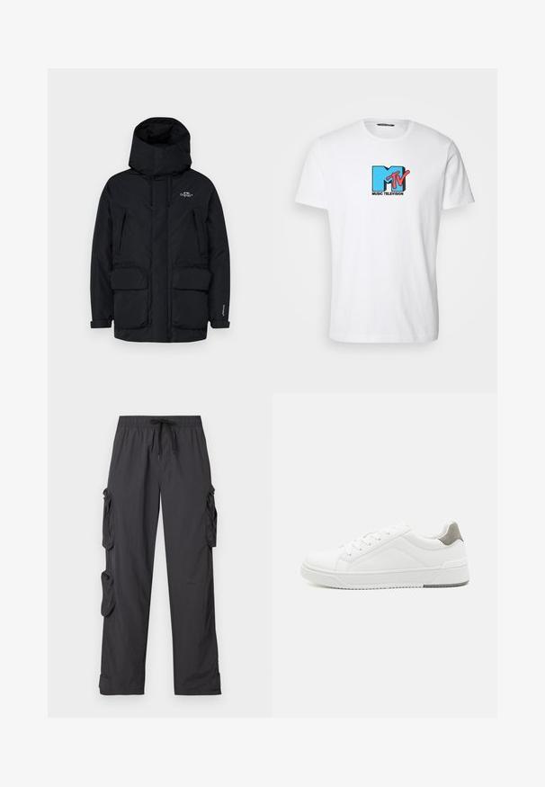Zwarte geïsoleerde parka-jas met een hoge kraag, verstelbare capuchon, twee grote voorzakken en een ritszak aan de zijkant voor opbergruimte.; Witte katoenen T-shirt met een retro MTV-logo in blauw en roze met de tekst "MUSIC TELEVISION" eronder. Korte mouwen en een ronde halsontwerp.; Zwarte cargo broek gemaakt van lichtgewicht stof met een elastische tailleband, verstelbare trekkoord, meerdere zijzakken en omgeslagen broekspijpen.; Witte sneaker van glad leer met een ronde neus, minimalistisch ontwerp, grijze hielaccent en een geplaatste rubberen zool.