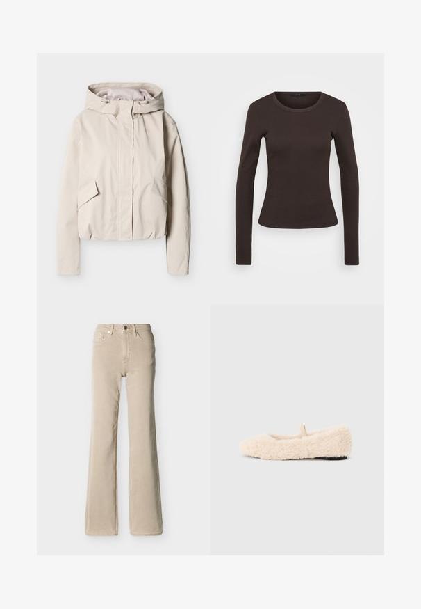 Lichtbeige gewatteerde jas met capuchon, voorrits, klepzakken en verstelbare trekkoorden op de capuchon, getoond op een witte achtergrond.; Langsleeve bruine t-shirt van ribstof, met een ronde halslijn en een getailleerde pasvorm.; Beige jeans met hoge taille, voorste knoop- en ritssluiting, vijf zakken en een licht uitlopende pijp, afgebeeld op een effen achtergrond.; Pluizig, crèmekleurig slipper met een zachte textuur, ronde neus, minimalistisch ontwerp en een klein stoffen lusje aan de achterkant voor gemakkelijk aan- en uittrekken.