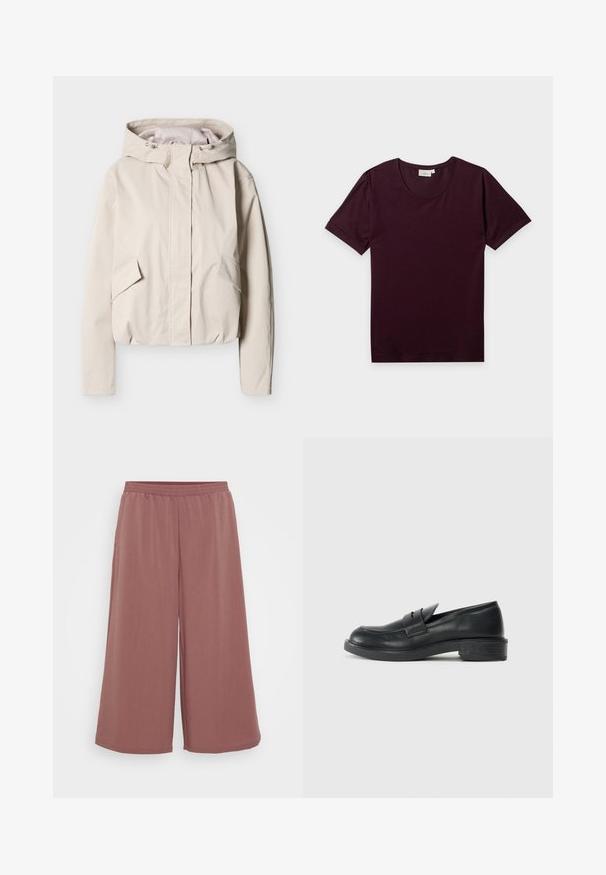 Lichtbeige gewatteerde jas met capuchon, voorrits, klepzakken en verstelbare trekkoorden op de capuchon, getoond op een witte achtergrond.; Effen donkerbordeaux T-shirt met korte mouwen en ronde hals, plat neergelegd op een witte achtergrond. Geen zichtbare logo’s of patronen.; Brede broekspijpen in een zacht, gestructureerd materiaal, met een elastische tailleband. De kleur is een gedempt rozenrood, wat het vloeiende ontwerp versterkt.; Zwarte leren instappers met een ronde punt, gestikte details en een kleine hak. Soepele textuur en een flexibele rubberen zool.