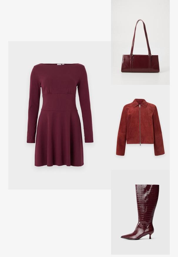 Veste en daim rouge rouille avec fermeture éclair argentée à l'avant et col pointu, manches longues et ourlet droit.; Robe à manches longues, bordeaux, longueur genou avec taille cintrée et encolure bateau, présentée sur un fond blanc uni.; Bottes hauteur genou en cuir verni bordeaux à texture crocodile, bout pointu et talon bloc bas, présentant un design élégant et ajusté.; Sac à main bordeaux en matériau brillant, de forme rectangulaire, avec deux anses et des accents légèrement courbés à l'avant.