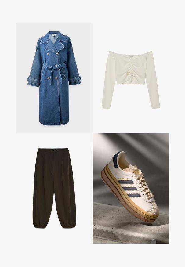 Lang blå denim trenchcoat med dobbeltradede knapper, brede revers, bælte i taljen, manchetstropper og forlommer på en ensfarvet baggrund.; Crop top med off-the-shoulder design i ribbet cremefarvet stof, med snøre-detalje foran og lange ærmer med bølgede kanter.; Mørkebrune vidbenede bukser med nålestriber, elastiske manchetter og skjult lukning foran.; Adidas Gazelle sneaker med en creme farvet ruskindsoverdel, blå læderdetaljer, tre blå striber, beige mellemsål og brune gummisål.