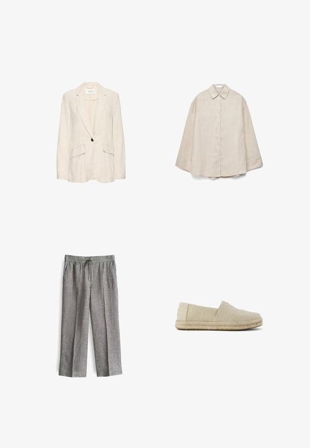 Beige linnen blazer met een enkele zwarte knoop, notch-lapels en twee voorzakken; lichte textuur en getailleerde pasvorm.; Beige overhemd met lange mouwen, knopen aan de voorkant, een puntige kraag en een losse pasvorm, platliggend weergegeven op een witte achtergrond.; Lichtgrijze linnenbroek met een losse pasvorm, een tailleband met koord, twee zijzakken en plooi-details aan de voorkant.; Beige instapschoen espadrille met een bovenmateriaal van geweven stof en een gevlochten jute zool, zijaanzicht op een witte achtergrond.