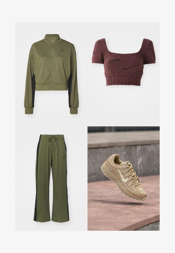 Olijfgroene cropjack met een hoge kraag, rits aan de voorkant, zwarte zijpanelen en een zwart logo op de borst. Gemaakt van gestructureerde stof.; Mauve cropped top met een gestructureerde stof, vierkante halslijn, korte mouwen en geribde zoom, met subtiele donkere patronen door het geheel.; Groene joggingbroek met zwarte zijpanelen, elastische tailleband en trekkoord. Heeft een klein zwart logo op het linkerpoot. Zachte stoftextuur.; Beige Nike-sneaker met wit swoosh-logo, een bovenwerk van mesh en leer, zwevend boven een roze betonnen oppervlak met een grijze stenen achtergrond.