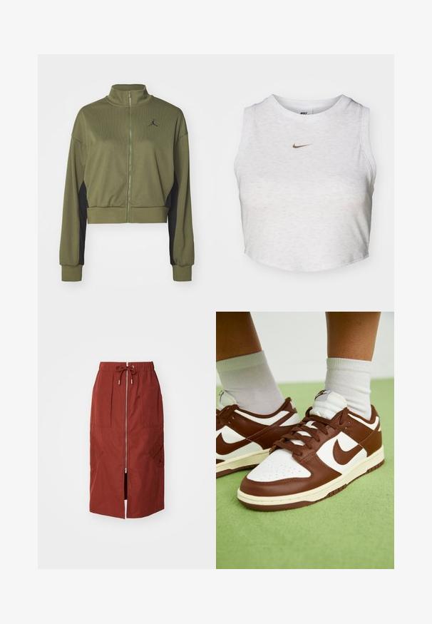 Olijfgroene cropjack met een hoge kraag, rits aan de voorkant, zwarte zijpanelen en een zwart logo op de borst. Gemaakt van gestructureerde stof.; Witte crop top van zacht, textuurachtig stof. Heeft een ronde hals en een mouwloos ontwerp met een klein gouden Nike-logo aan de voorkant.; Mid-length rok in terracotta rood, met een rits aan de voorkant, een elastische tailleband met trekkoord en zijzakken met een geometrisch ontwerp.; Bruine en witte leren sneakers met perforaties bij de teen, getextureerde accenten en platte veters. Het model heeft een lage schacht en een rubberen zool.