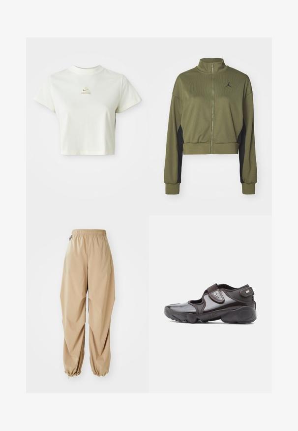 Olijfgroene cropjack met een hoge kraag, rits aan de voorkant, zwarte zijpanelen en een zwart logo op de borst. Gemaakt van gestructureerde stof.; Korte witte cropped t-shirt met een klein beige Nike ACG-logo gecentreerd onder de halslijn; Beige lichte broek met een elastische tailleband, taps toelopende boorden en een soepele textuur, met een relaxte pasvorm en zonder zichtbare patronen of versieringen.; Donkerbruine sportschoen met glanzende afwerking, klittenbandsluiting, afgeronde neus en een getextureerde zool met dempende ontwerpelementen.