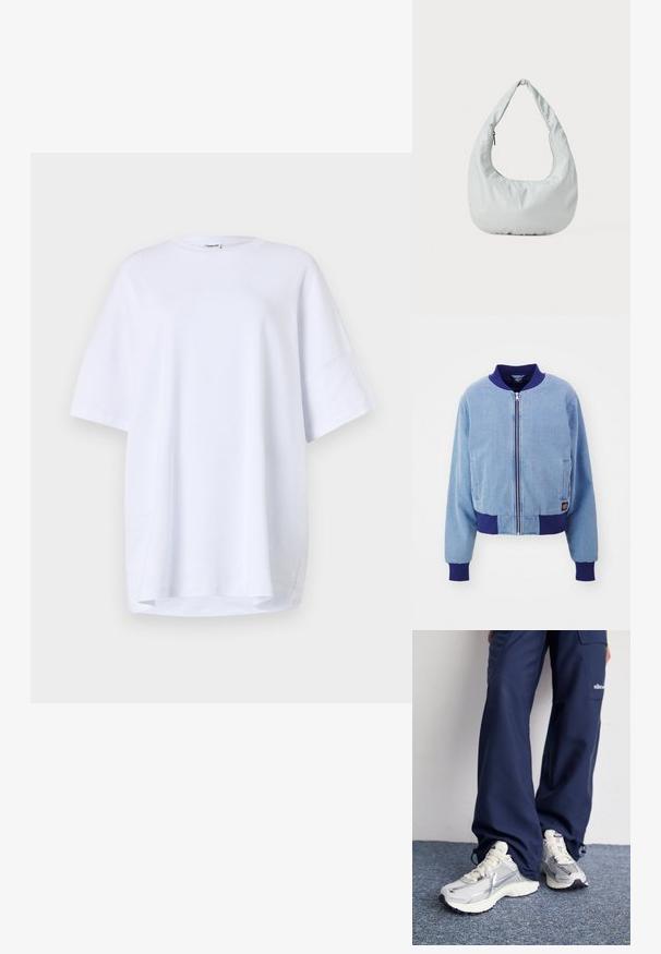 Blaue Cordjacke im Bomber-Stil mit einem marineblauen gerippten Kragen und Bündchen, ausgestattet mit einem Reißverschluss und seitlichen Taschen.; Oversized, kurzärmliges weißes T-Shirt aus Baumwolle. Runder Halsausschnitt, Seitenschlitze am Saum und glatte Textur ohne sichtbare Muster oder Akzente.; Nike Sportschuhe mit einem silbernen Mesh-Obermaterial, weißen Akzenten und strukturierten Sohlen, kombiniert mit locker sitzenden marineblauen Hosen.; Weiche, hellgraue Hobo-Tasche aus synthetischem Material. Verfügt über einen gepolsterten Tragegriff und ein seitliches Reißverschlussfach.