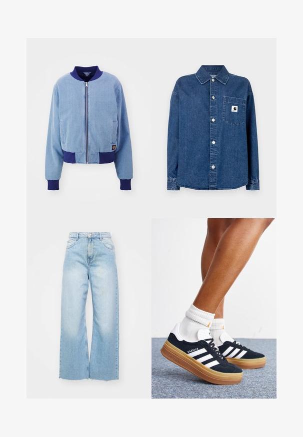 Blauwe corduroy bomberjack met een marineblauwe geribde kraag en manchetten, voorzien van een ritssluiting aan de voorkant en zijzakken.; Donkere blauwe denim blouse met knoopsluiting aan de voorkant, puntkraag, lange mouwen en een borstzak met een logopatch. Gladde textuur.; Lichtblauwe wijde spijkerbroeken van denim, met een hoge taille, vervaagde details, een knoopsluiting en een ruwe zoom aan de onderkant.; Ben met witte sokken en zwarte Adidas Gazelle sneakers met witte strepen en dikke bruine zolen op een grijs tapijt.