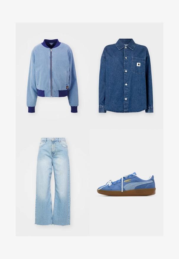 Blauwe corduroy bomberjack met een marineblauwe geribde kraag en manchetten, voorzien van een ritssluiting aan de voorkant en zijzakken.; Donkere blauwe denim blouse met knoopsluiting aan de voorkant, puntkraag, lange mouwen en een borstzak met een logopatch. Gladde textuur.; Lichtblauwe wijde spijkerbroeken van denim, met een hoge taille, vervaagde details, een knoopsluiting en een ruwe zoom aan de onderkant.; Blauwe suède sneaker met witte veters en een geruite zijpaneel. Heeft een bruine rubberen zool en gouden logodetails.