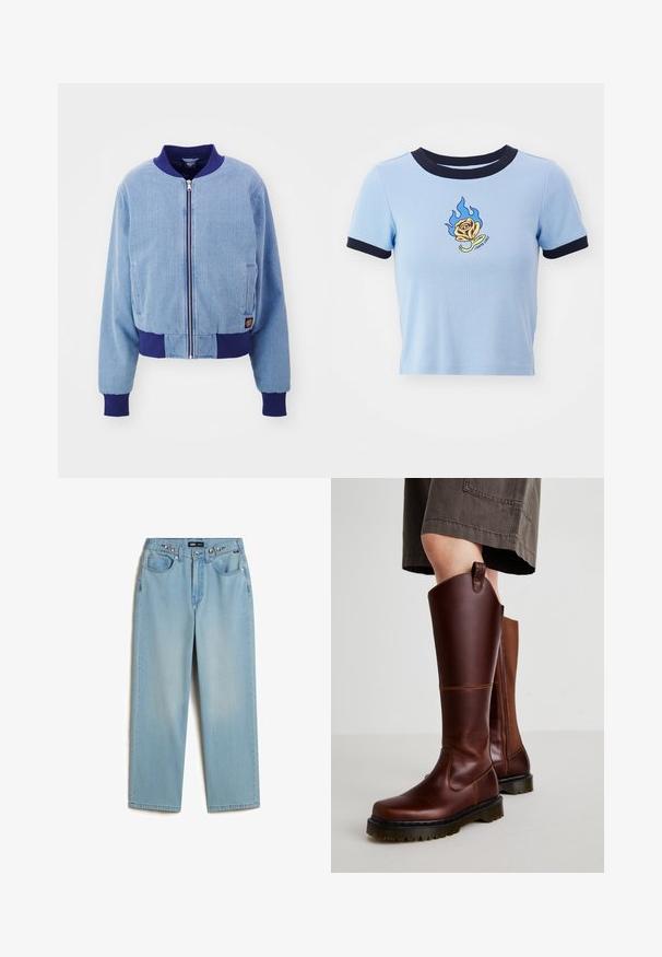 Blaue Cordjacke im Bomber-Stil mit einem marineblauen gerippten Kragen und Bündchen, ausgestattet mit einem Reißverschluss und seitlichen Taschen.; Hellblaues kurzärmeliges Crop-Top mit navyfarbenem geripptem Kragen. Mit einer flammenbestickten gelben Rose und darunterstehendem Text. Weicher Stoff.; Vans CINCHED CHECK - Baggy Jeans - light stonewash; Braune Leder-Knöchelhohe Stiefel mit glatter Textur, robustem Absatz und einem leichten Absatz. Verfügt über einen seitlichen Reißverschluss und eine Schlaufe hinten für einfaches Anziehen.