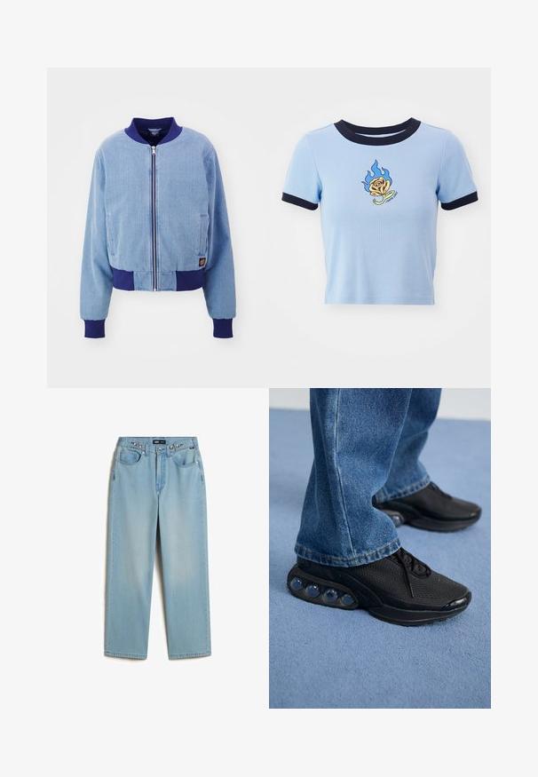 Blaue Cordjacke im Bomber-Stil mit einem marineblauen gerippten Kragen und Bündchen, ausgestattet mit einem Reißverschluss und seitlichen Taschen.; Hellblaues kurzärmeliges Crop-Top mit navyfarbenem geripptem Kragen. Mit einer flammenbestickten gelben Rose und darunterstehendem Text. Weicher Stoff.; Vans CINCHED CHECK - Baggy Jeans - light stonewash; Schwarze sportschuhe mit atmungsaktivem Mesh-Obermaterial, strukturierten Akzenten und sichtbaren Luftpolstern in der Sohle. Getragen mit blauen Jeans.