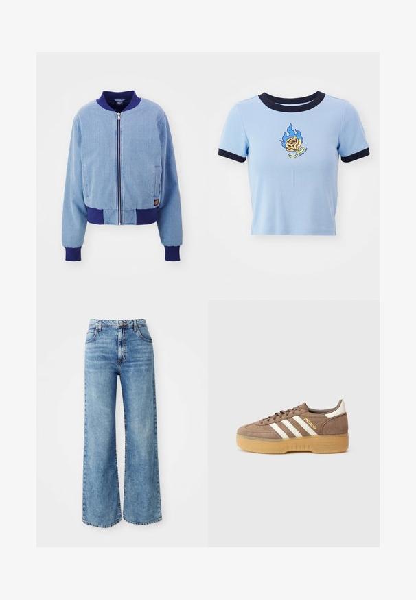 Blaue Cordjacke im Bomber-Stil mit einem marineblauen gerippten Kragen und Bündchen, ausgestattet mit einem Reißverschluss und seitlichen Taschen.; Hellblaues kurzärmeliges Crop-Top mit navyfarbenem geripptem Kragen. Mit einer flammenbestickten gelben Rose und darunterstehendem Text. Weicher Stoff.; Hellblaue Denim-Jeans mit weit geschnittenem Bein und hoher Taille, ausgestattet mit fünf Taschen, einer Knopfverschluss und kontrastierender Naht entlang der Nähte.; Brauner Wildleder-Sneaker mit drei weißen Streifen, goldenem Logo und einer strukturierten Gumsohle. Abgerundete Zehenpartie und gepolsterter Kragen für Komfort.