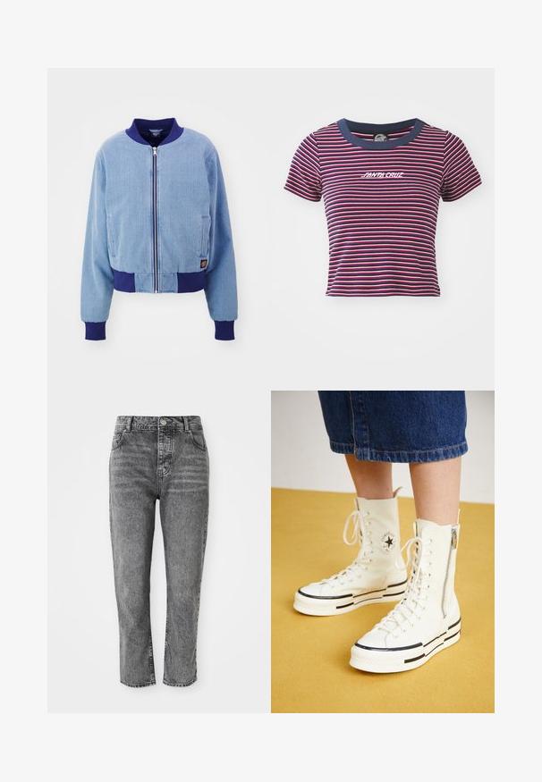 Veste bomber en corduroy bleu avec col et poignets côtelés navy, dotée d'une fermeture éclair à l'avant et de poches latérales.; T-shirt à manches courtes rayé en bleu marine, rouge et rose. Doté d'un col bleu marine uni et d'un logo "SANTA CRUZ" brodé sur le devant.; Jeans en denim gris à taille haute, coupe droite, avec des poches avant et un petit détail de bouton en métal à la ceinture.; Baskets montantes blanches avec une fermeture éclair, un design à lacets et des accents de rayures noires sur une semelle épaisse. Matériau en toile texturée.