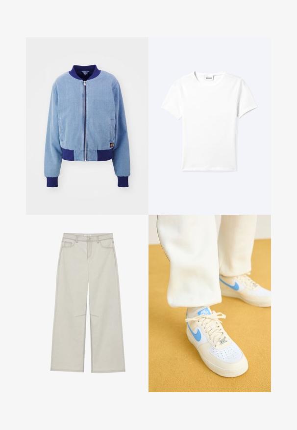 Blaue Cordjacke im Bomber-Stil mit einem marineblauen gerippten Kragen und Bündchen, ausgestattet mit einem Reißverschluss und seitlichen Taschen.; Einfaches weißes T-Shirt mit kurzen Ärmeln und Rundhalsausschnitt sowie kleinem "WEEKDAY"-Etikett im Nacken, flach auf einem hellen Hintergrund präsentiert.; Hellgraue, weit geschnittene Hose mit fünf Taschen, vorderem Knopfverschluss und kontrastierenden Nähten. Der Stoff wirkt weich und langlebig.; Weiße Sneakers mit hellblauen Akzenten, ausgestattet mit einer perforierten Zehenpartie, strukturiertem Sohlenbereich und Schnürsenkeln. Tragen mit cremefarbenen Hosen vor einem gelben Hintergrund.