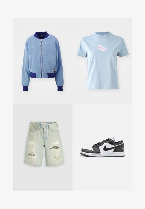 Veste bomber en corduroy bleu avec col et poignets côtelés navy, dotée d'une fermeture éclair à l'avant et de poches latérales.; T-shirt en coton bleu clair à manches courtes et à col montant, avec un petit motif de coquillage brodé en rose sur le devant.; Short en denim bleu clair avec plusieurs grandes déchirures usées à l'avant et une fermeture à bouton à la taille.; Des baskets basses Nike en noir et blanc présentent un cuir lisse sur le dessus, un bout rond, un système de laçage et une semelle extérieure en caoutchouc à motifs.