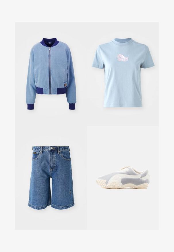 Veste bomber en corduroy bleu avec col et poignets côtelés navy, dotée d'une fermeture éclair à l'avant et de poches latérales.; T-shirt en coton bleu clair à manches courtes et à col montant, avec un petit motif de coquillage brodé en rose sur le devant.; Shorts en denim bleus, avec une coupe droite, cinq poches et des coutures jaunes contrastées. Comprend un petit logo sur le côté gauche.; Baskets en daim gris clair avec des accents en cuir blanc. Dotées d'une semelle texturée avec de petites pointes pour une meilleure adhérence. Conception à enfiler.