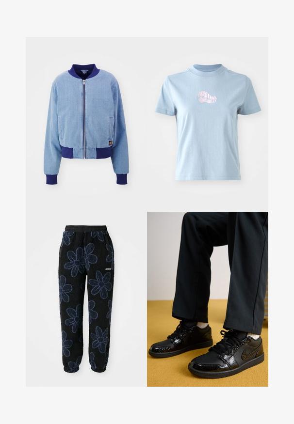 Blauwe corduroy bomberjack met een marineblauwe geribde kraag en manchetten, voorzien van een ritssluiting aan de voorkant en zijzakken.; Lichtblauw katoenen T-shirt met korte mouwen en een hoge hals, met een klein roze geborduurd schelpdierontwerp aan de voorkant.; Fleece joggers met een zwarte achtergrond en een donkerblauw bloemenpatroon. Voorzien van een elastische tailleband en zijzakken. Zachte textuur.; Zwarte Nike sneakers met een gestructureerde patenten leren bovenkant, rubberen zool en ronde veters, gedragen met zwarte broek en witte sokken.