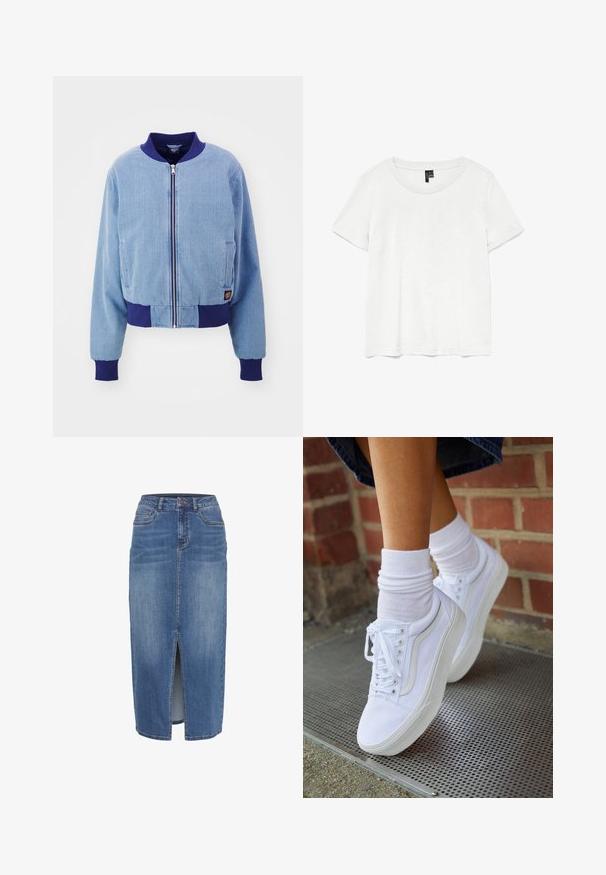 Veste bomber en corduroy bleu avec col et poignets côtelés navy, dotée d'une fermeture éclair à l'avant et de poches latérales.; T-shirt blanc à manches courtes avec un col rond, fabriqué en tissu léger. Design simple, texture lisse et ourlet droit.; Jupe en denim avec une fente avant, mi-longue, dans un délavage bleu clair à moyen. Comprend cinq poches et une taille avec passants de ceinture.; Baskets en toile blanches avec semelles en caoutchouc, dotées de six œillets, d'un bout rond et de détails de couture légers, portées avec des chaussettes blanches mi-mollet.
