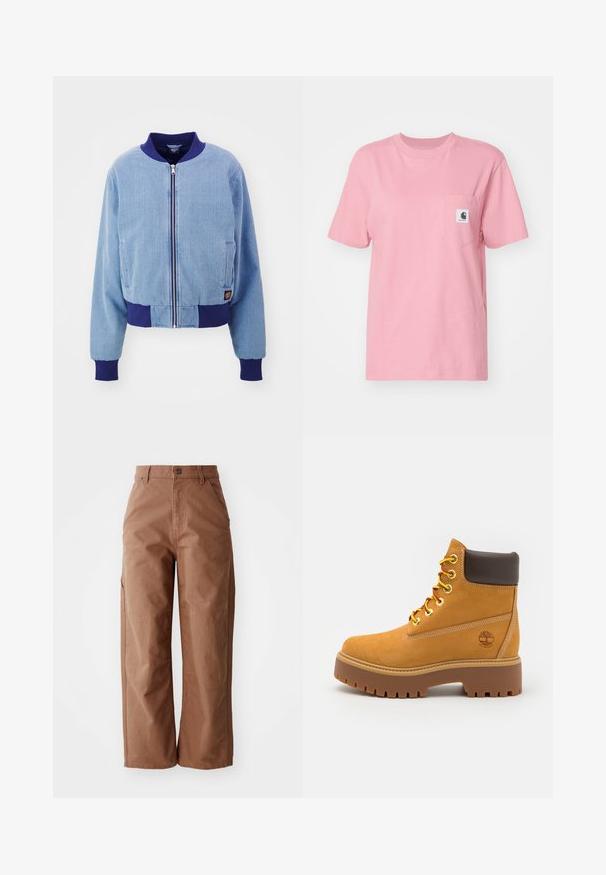 Blå corduroy bomberjakke med en marineblå ribbet krave og manchetter, med front lynlås og sidelommer.; Carhartt WIP POCKET - T-shirts basic - dusty rose; Brune bukser med brede ben lavet af slidstærkt stof. Har en høj talje, forlommer og diskrete syninger.; Tan vandtæt ankelstøvle med en robust gummisål, rund tå, brun læderkrave, gule snørebånd og et logo på siden.