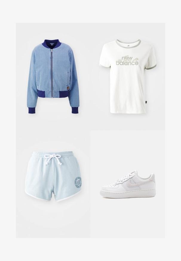 Blå corduroy bomberjakke med en marineblå ribbet krave og manchetter, med front lynlås og sidelommer.; Hvid bomulds T-shirt med grå kant, der har et blomstermotiv og teksten "new balance" i lys grøn. Korte ærmer, almindelig pasform.; Lyseblå shorts lavet af blødt stof med en hvid snor, der har hvid kant og et rundt logo patch på siden.; Hvid Nike Air Force 1 sneaker med lavt snit, hvide snørebånd, perforeringer på tåboksen og netpanel bag Nike swoosh-logoet.