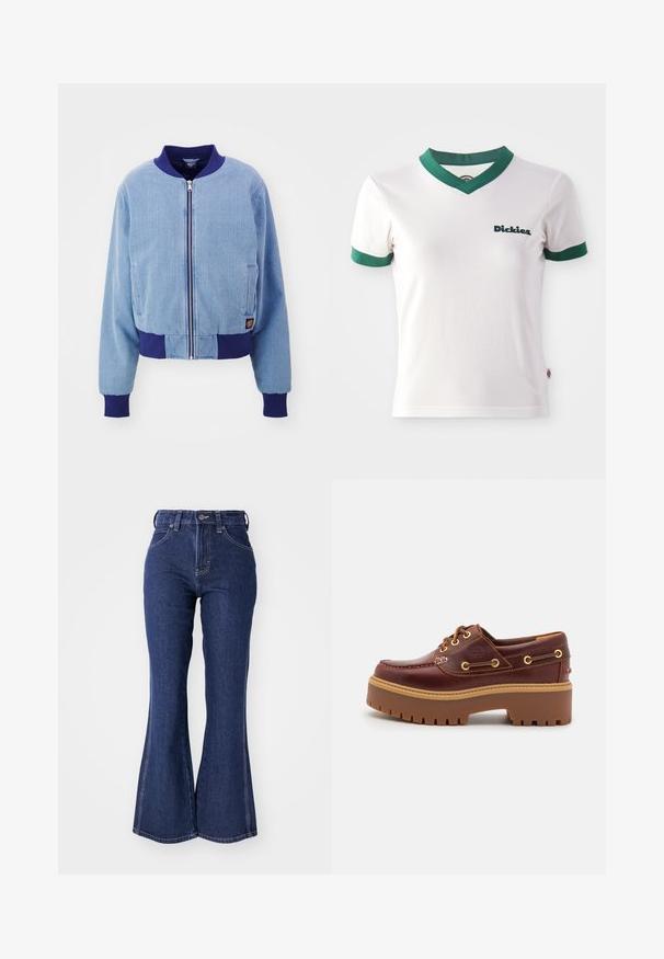 Blauwe corduroy bomberjack met een marineblauwe geribde kraag en manchetten, voorzien van een ritssluiting aan de voorkant en zijzakken.; Witte T-shirt met korte mouwen en groene V-hals en mouwafwerking; voorzien van het "Dickies" logo in donkergroen op de linkerkant van de borst. Gladde katoenen textuur.; Donkerblauwe flared jeans van denim, met een hoge taille, een sluiting met knopen aan de voorkant en contrasterende witte stiksels langs de naden.; Bruine leren botenschoenen met een stevige bruine rubberen zool, gouden ogen en contraststiksels. Heeft een logo aan de zijkant.