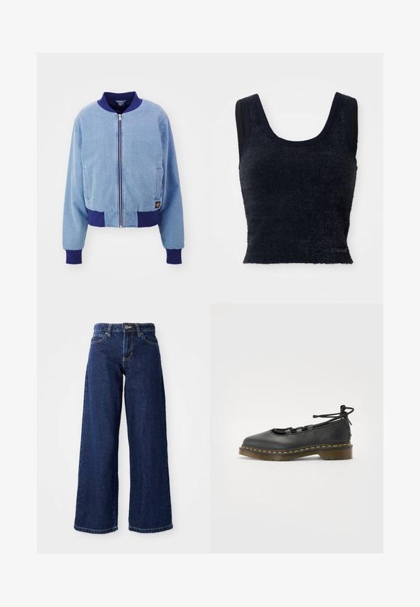 Blaue Cordjacke im Bomber-Stil mit einem marineblauen gerippten Kragen und Bündchen, ausgestattet mit einem Reißverschluss und seitlichen Taschen.; Marineblaues, verkürztes Tanktop aus strukturiertem Stoff mit breiten Schulterträgern, das ein schwarzes Etikett am unteren Saum aufweist.; Dunkelblaue weit geschnittene Jeans aus Denim, mit einem Knopf- und Reißverschluss, Gürtelschlaufen und klassischem Fünf-Taschen-Design.; Schwarzer Lederschuh mit runder Zehenpartie, niedrigem Absatz, Schnürdetails und gelber Naht entlang der Sohle. Glatte Textur mit matter Oberfläche.