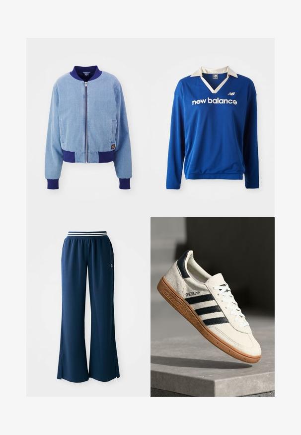 Blå corduroy bomberjakke med en marineblå ribbet krave og manchetter, med front lynlås og sidelommer.; Blå langærmet atletisk trøje med hvid krave, meshstruktur og "new balance" logo i hvidt over brystet.; Marineblå sportsbukser med bred benvidde, elastisk talje med en hvid stribe og sideskridser for bedre bevægelse. Logo på lommen.; Hvide ruskinds sneakers med marineblå striber, gummisål, struktureret overdel, rund tå og snøring; har branding på siden og tungen.