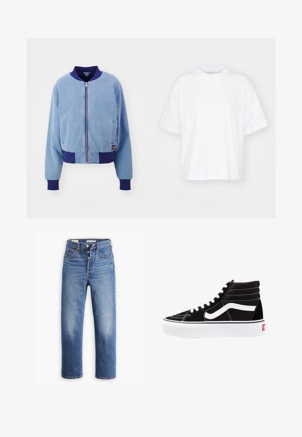 Veste bomber en corduroy bleu avec col et poignets côtelés navy, dotée d'une fermeture éclair à l'avant et de poches latérales.; T-shirt en coton blanc avec un col rond, des manches courtes et une coupe décontractée. Présente un logo discret sur la zone gauche de la poitrine. Texture lisse.; Jean en denim bleu avec une taille haute, une coupe droite et des zones décolorées. Comprend des poches avant et des accessoires métalliques.; Baskets montantes noires avec des lacets blancs, un logo blanc et des coutures blanches contrastées. Dotées d'une épaisse semelle blanche et d'un dessus en daim texturé.
