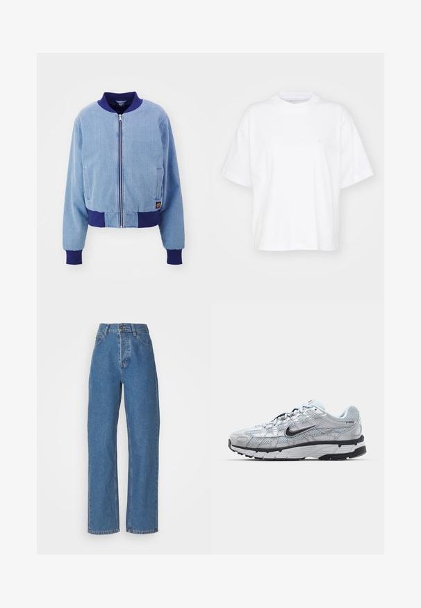 Chaqueta bomber de pana azul con un cuello y puños acanalados en navy, que cuenta con un cierre frontal de cremallera y bolsillos laterales.; Camiseta de algodón blanca con cuello redondo, mangas cortas y un corte relajado. Presenta un logo sutil en el área del pecho izquierdo. Textura suave.; Jeans azules de tiro alto y pierna recta con un acabado desgastado. Cuenta con cinco bolsillos, un cierre de botón y detalles de costura sutiles.; Zapatillas Nike P-6000 con parte superior de malla gris claro, acentos negros y suela de goma negra duradera. Presentan un diseño intrincado y un sistema de cordones.