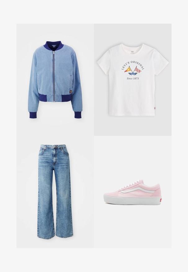 Blaue Cordjacke im Bomber-Stil mit einem marineblauen gerippten Kragen und Bündchen, ausgestattet mit einem Reißverschluss und seitlichen Taschen.; Weißes Levi's T-Shirt mit kurzen Ärmeln, gekreuzten gelben und roten Flaggen und dem Text "Levi's Original Since 1873" in der vorderen Mitte.; Hellblaue Denim-Jeans mit weit geschnittenem Bein und hoher Taille, ausgestattet mit fünf Taschen, einer Knopfverschluss und kontrastierender Naht entlang der Nähte.; Rosa Canvas-Sneaker mit weißen Akzenten, flachen Schnürsenkeln und einer weißen Gummisohle. Verfügt über ein klassisches Low-Top-Design und ein Seitenlogo.