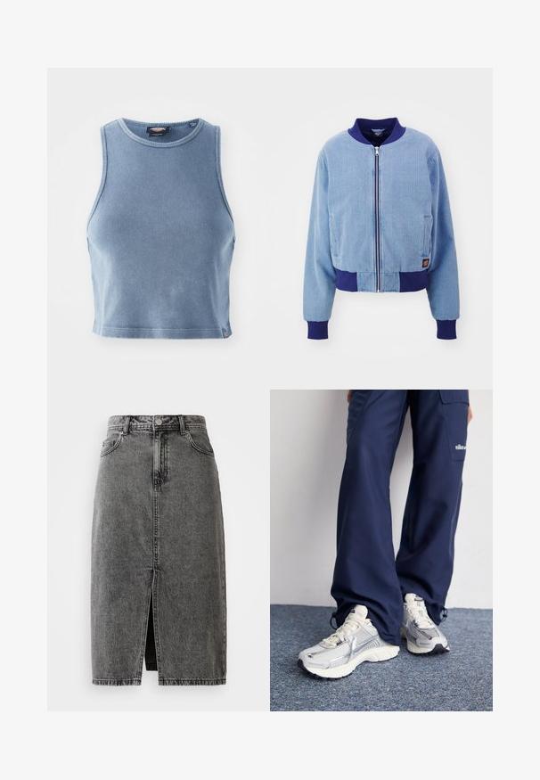 Blaue Cordjacke im Bomber-Stil mit einem marineblauen gerippten Kragen und Bündchen, ausgestattet mit einem Reißverschluss und seitlichen Taschen.; Helles blaues, geripptes Crop-Top mit Rundhalsausschnitt und ärmellosem Design. Glatte Textur und ein kleines Logodetail am Saum.; Hochgeschnittene, ausgebleichte schwarze Denim-Midirock mit vorderem Schlitz, Gürtelschlaufen und klassischem Fünf-Taschen-Design.; Nike Sportschuhe mit einem silbernen Mesh-Obermaterial, weißen Akzenten und strukturierten Sohlen, kombiniert mit locker sitzenden marineblauen Hosen.
