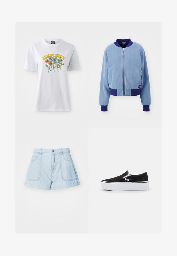 Veste bomber en corduroy bleu avec col et poignets côtelés navy, dotée d'une fermeture éclair à l'avant et de poches latérales.; T-shirt en coton blanc avec un design floral coloré et le texte "SANTA CRUZ" en jaune, col rond, manches courtes et coupe décontractée.; Shorts en denim bleu clair avec un ourlet retroussé, comportant deux poches avant, une fermeture à bouton et un design à coupe classique.; Chaussure slip-on noire en toile avec une semelle en caoutchouc blanc, dotée d'accents élastiques sur les côtés et de coutures contrastées. Logo de la marque visible sur le côté.