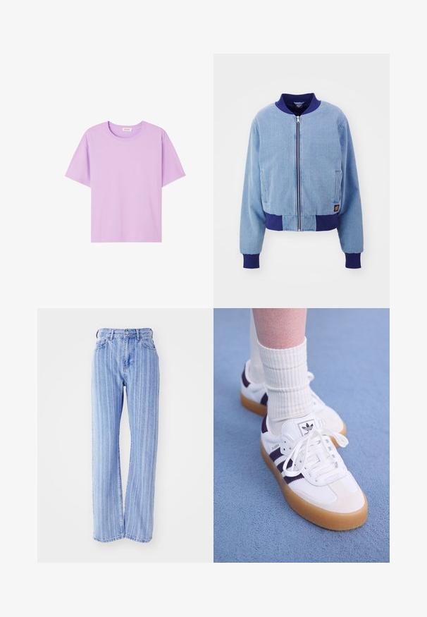 Chaqueta bomber de pana azul con un cuello y puños acanalados en navy, que cuenta con un cierre frontal de cremallera y bolsillos laterales.; Camiseta lisa color lavanda de manga corta y cuello redondo, extendida y mostrando el frente con etiqueta de cuello visible.; Vaqueros de denim azul claro con rayas blancas verticales, cintura alta, corte holgado, cinco bolsillos y cierre de botón.; Zapatillas Adidas Samba blancas con rayas moradas, con suela de goma y cordones. Llevadas con calcetas blancas de canalé.