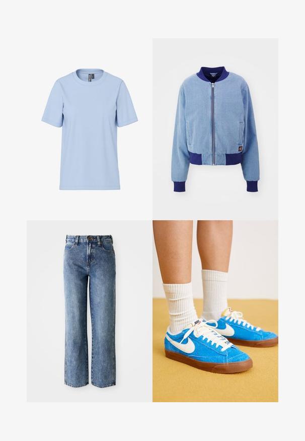 Veste bomber en corduroy bleu avec col et poignets côtelés navy, dotée d'une fermeture éclair à l'avant et de poches latérales.; T-shirt bleu clair à manches courtes en tissu doux, avec un col rond classique et sans motifs ni accessoires visibles.; Jeans en denim bleu taille haute à jambe droite avec poches avant, passants de ceinture et fermeture à bouton.; Des baskets Nike en daim bleu avec des accents blancs, des lacets plats et des semelles en caoutchouc marron, associées à des chaussettes blanches côtelées.