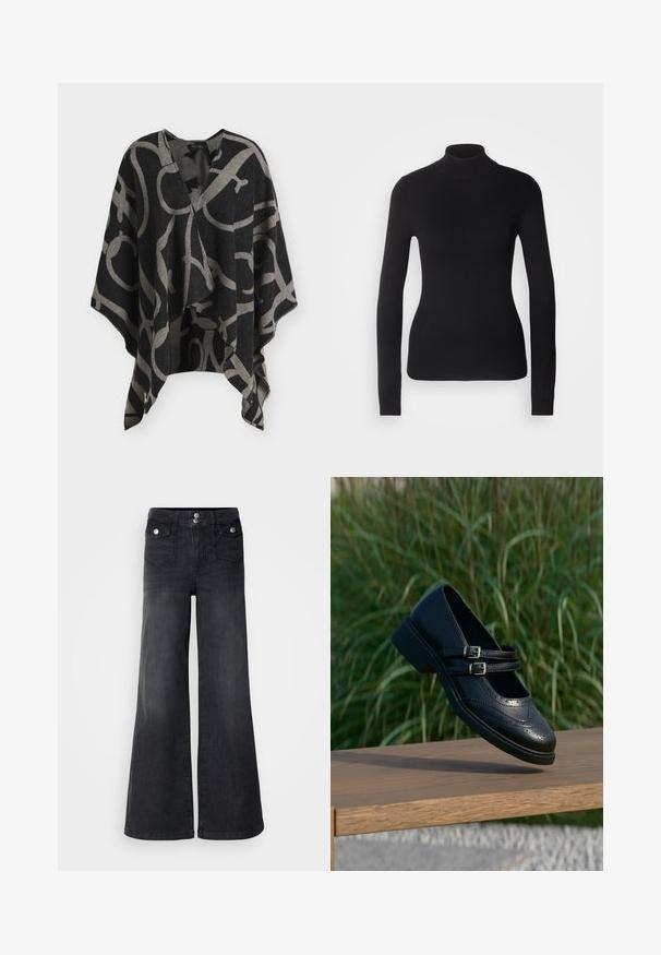 Poncho noir et gris avec des motifs abstraits de grandes lignes bouclées et un style drapé ouvert à l'avant, présenté sur un fond clair uni.; Pull à col roulé noir en maille légère. Il possède des manches longues, une coupe ajustée et une texture côtelée douce.; Jean large en denim noir avec taille haute, boutons sur le devant et deux poches avant ; texture lisse avec une légère finition décolorée.; Chaussure Mary Jane en cuir noir avec doubles brides bouclées et détails brogue, flottant au-dessus d'un banc en bois avec en arrière-plan de l'herbe verte.