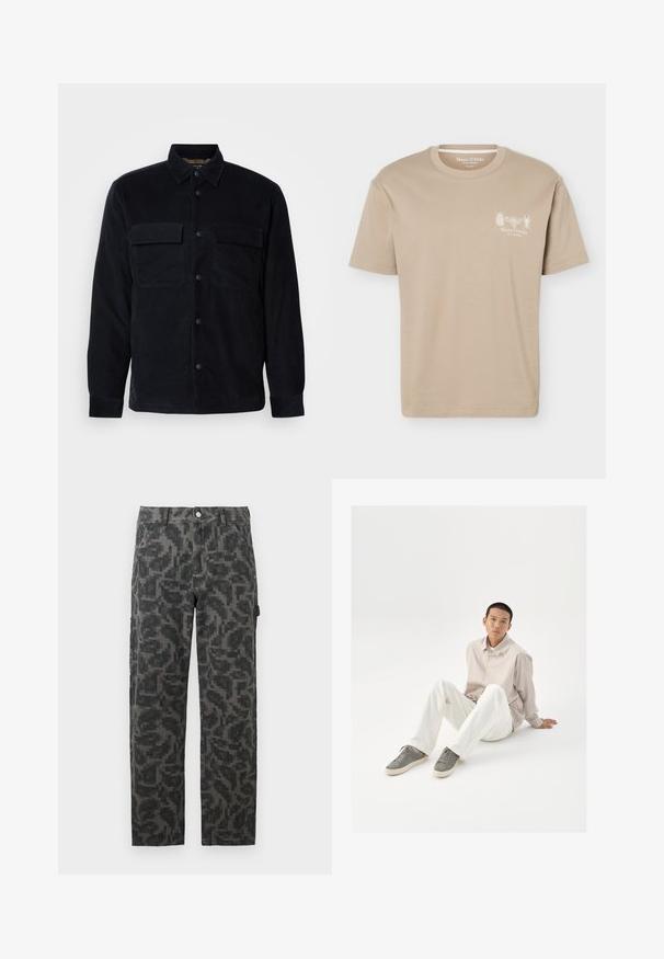 Sort fløjlsjakke med knaplukning foran, to brystlommer og lige kant forneden. Glat tekstur, lange ærmer og klassisk krave.; Beige kortærmet T-shirt med rund halsudskæring med små insektgrafikker og "Marc O'Polo" logo på venstre bryst.; Sort og grå pixeliseret camouflage bukser med lige ben, frontlommer og knaplukning.; Beige skjorte med knapper, hvide bukser og grå sneakers. Skjorten har en løs pasform, og sneakersne har en struktureret overflade og snørebåndsdesign.
