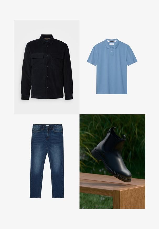 Veste-chemise en velours côtelé noir avec fermeture boutonnée à l'avant, deux poches poitrine et ourlet droit. Texture lisse, manches longues et col classique.; Polo bleu clair en tissu texturé, avec un col, une patte de boutonnage à trois boutons et des manches courtes.; Jean slim-fit bleu foncé avec des détails délavés, design classique à cinq poches, fermeture à bouton et passants de ceinture.; Bottine Chelsea en cuir noir avec un bout arrondi, des panneaux latéraux élastiques, des languettes de tirage et une semelle en caoutchouc texturé, posée sur une surface en bois.