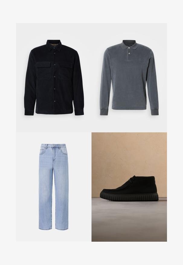 Zwarte corduroy overhemdjas met knoopsluiting aan de voorkant, twee borstzakken en een rechte zoom. Gladde textuur, lange mouwen en een klassieke kraag.; Dons lange mouw polo shirt in donkergrijs, gemaakt van zachte stof, heeft een drie-knopen sluiting, ribgebreide manchetten en een subtiele geborduurde logo op de borst.; Lichtblauwe denim jeans met een ontspannen, wijde pasvorm. Kenmerken zijn onder andere vijf zakken, een sluiting met een knoop aan de voorkant en subtiele vervaging.; Zwarte enkelboots van zacht materiaal, met een ronde neus, minimale veters en een gestructureerde rubberen zool met verticale groeven.