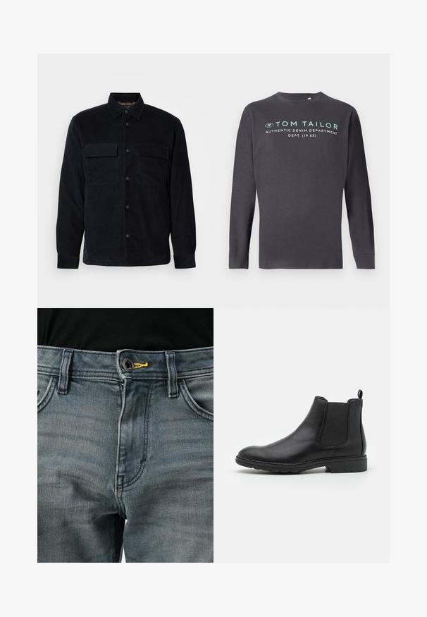 Schwarze Cordhemdjacke mit Knopfverschluss vorne, zwei Brusttaschen und geradem Saum. Glatte Textur, lange Ärmel und klassischer Kragen.; TOM TAILOR PRINTED - Langarmshirt - tarmac grey; Verblasste blaue Jeans aus Denim mit einem Knopfverschluss, gelben Akzenten am Bund und klassischem Fünf-Taschen-Design. Die Textur wirkt weich und abgenutzt.; Schwarze Leder Chelsea-Stiefel mit elastischen Seiteneinsätzen und einer Ziehschlaufe, runder Zehenform und strukturiertem Gummisohle.
