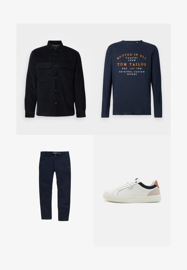 Schwarze Cordhemdjacke mit Knopfverschluss vorne, zwei Brusttaschen und geradem Saum. Glatte Textur, lange Ärmel und klassischer Kragen.; Marineblaue Langarmshirt mit Rundhalsausschnitt, bedruckt mit orangefarbenem und weißem Text: "VERWURZELT IN QLY COASTAL CREW TOM TAILOR 1962 ORIGINAL CUSTOM GOODS."; Marineblaue Baumwollhose mit geradem Schnitt. Verfügt über zwei Seitentaschen und einen Knopfverschluss. Minimalistisches Design mit dezenten Akzenten.; Weiße Leder-Sneaker mit einem Low-Top-Design, marineblauem Stoffakzent am Kragen und einem hellrosa Wildleder-Hackenteil. Gummisohle.