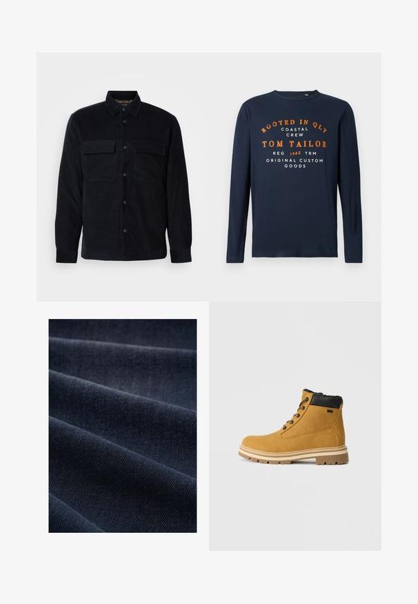 Schwarze Cordhemdjacke mit Knopfverschluss vorne, zwei Brusttaschen und geradem Saum. Glatte Textur, lange Ärmel und klassischer Kragen.; Marineblaue Langarmshirt mit Rundhalsausschnitt, bedruckt mit orangefarbenem und weißem Text: "VERWURZELT IN QLY COASTAL CREW TOM TAILOR 1962 ORIGINAL CUSTOM GOODS."; Dunkelblaue Denim-Stoff mit geripptem Muster, das Falten und Wellen zeigt und somit sein Gewicht und seine Strapazierfähigkeit betont.; Braune Lederstiefel bis zum Knöchel mit schwarzem Fellfutter, Metallösen und dicken beigen Sohlen. Mit geprägtem Logo an der Seite.