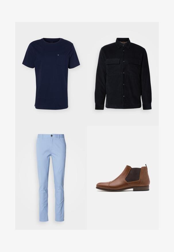 Zwarte corduroy overhemdjas met knoopsluiting aan de voorkant, twee borstzakken en een rechte zoom. Gladde textuur, lange mouwen en een klassieke kraag.; Marineblauw T-shirt met korte mouwen en een ronde hals, met een borstzakje met een klein logo op een effen achtergrond.; Lichtblauwe chino's van katoen met een slim fit, voorzien van een enkele bruine knop bij de tailleband en subtiele stikdetails.; Pier One LEATHER - Lage laarzen - cognac
