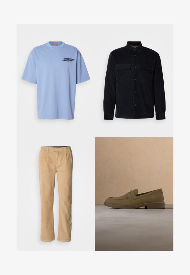 Zwarte corduroy overhemdjas met knoopsluiting aan de voorkant, twee borstzakken en een rechte zoom. Gladde textuur, lange mouwen en een klassieke kraag.; Lichtblauw T-shirt met korte mouwen van katoen. Heeft een ronde hals en een zwarte grafische print van pijlen op het linkerbovenborstgebied.; Beige corduroy broek met een rechte pasvorm, voorzien van twee voorplooien, ceintuurlussen en een gladde textuur. Geen zichtbare hardware of patronen.; Bruine suède loafer die boven een beige, gestructureerd tapijt zweeft in een woonkamer met een houten salontafel en opgestapelde boeken.
