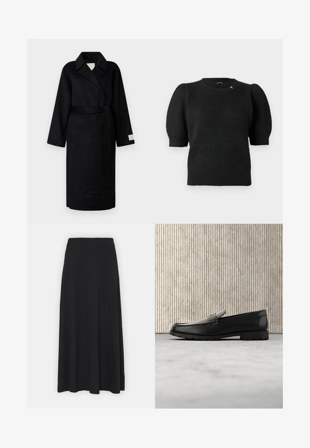 Sort indpakningsfrakke lavet af blødt stof, med en notched krave, brede ærmer og et matchende bælte. Etiket på venstre ærme med logo.; Sort strikket sweater med korte puffærmer, rund halsudskæring og ribkant forneden. Har en lille gylden detalje nær skulderen.; Maxi nederdel i ensfarvet sort. Udfoldet design med en glat tekstur og elastisk talje. Ingen synlige mønstre eller detaljer.; Sorte læder loafers med en hævet søm, guld accentlogo og tekstureret rem. Har en tykk, holdbar gummisål.