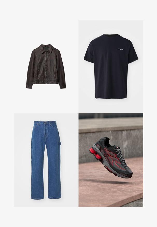 Veste en cuir marron foncé avec col, fermeture éclair avant et manches longues, présentée à plat sur un fond blanc.; T-shirt en coton noir à manches courtes, col rond, et un logo blanc subtil sur la poitrine gauche. Texture lisse, coupe standard.; Jeans en denim bleu avec une coupe décontractée et une jambe droite, comprenant des poches avant et arrière et une fermeture à bouton à la taille.; Chaussure de sport noire et grise avec des accents rouges, tige en mesh texturé et un coussin de talon incurvé proéminent. Présente des éléments de design complexes.