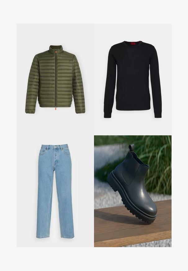 Grüne gesteppte Steppjacke mit hohem Kragen, durchgehendem Frontreißverschluss und elastischen Bündchen, flach auf weißem Hintergrund dargestellt.; HUGO SAN CEDRIC - Strickpullover - black; Helle blaue gerade geschnittene Jeans aus Denim mit einem klassischen Fünf-Taschen-Design, einem vorderen Knopfverschluss und sichtbaren Nähdetails.; Schwarzer Gummi-Stiefelette mit strukturiertem Finish, dicker, rutschfester Sohle, elastischen Seiteneinsätzen und einer Schlaufe hinten, die auf einer Holzoberfläche ruht.