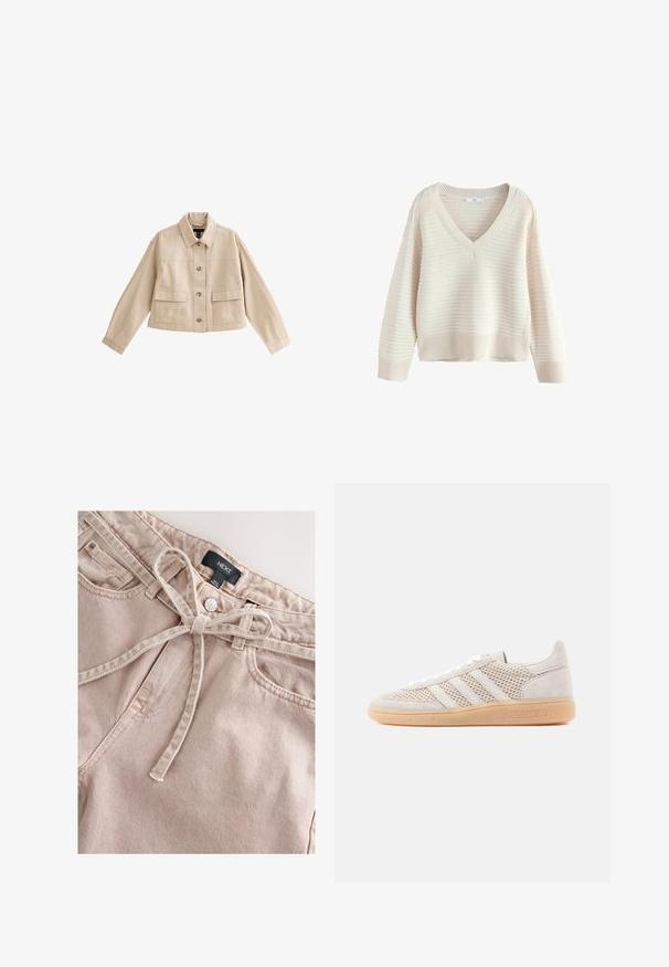 Veste courte beige à manches longues, col, fermeture avant à boutons et deux grandes poches avant avec rabats.; Pull en maille côtelée couleur crème avec col en V, manches longues et larges poignets, fabriqué à partir d'un tissu texturé.; Pantalon en denim rose clair avec une ceinture à nouer, doté d'un bouton à l'avant, de passants pour ceinture et de deux poches avant, présentant un tissu texturé.; Baskets en daim beige clair avec détails en mesh, trois bandes blanches et semelle en caoutchouc gomme. Dotées d'une fermeture à lacets et d'accents de marque.