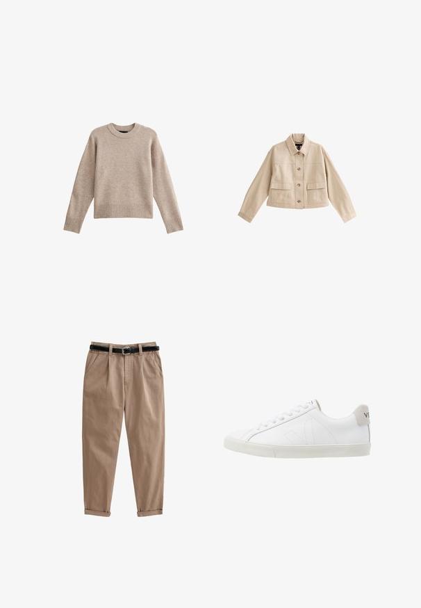 Chaqueta corta beige con mangas largas, cuello, cierre frontal con botones y dos grandes bolsillos frontales con solapas.; Suéter de punto beige con cuello redondo, puños y dobladillo acanalados. La textura de la tela es suave con un patrón sutil. Diseño de corte relajado.; Pantalones de algodón beiges con corte ajustado, que cuentan con un cinturón negro, bolsillos laterales y puños enrollados para un aspecto relajado.; Zapatillas de cuero blanco con una suela de goma texturizada en un tono blanco roto. Las características incluyen cordones, costuras sutiles y un acento en gamuza gris en el talón.