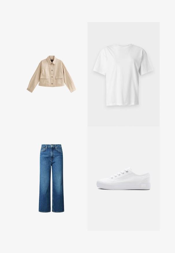 Chaqueta corta beige con mangas largas, cuello, cierre frontal con botones y dos grandes bolsillos frontales con solapas.; Camiseta blanca lisa de manga corta con cuello redondo, mostrada plana sobre un fondo gris claro.; Vaqueros de pernera ancha de denim azul, con una cintura alta, cierre delantero de botón y detalles de costura. Sin patrones ni adornos.; Zapatilla blanca baja de lona con cordones blancos, suela de goma y logotipo de la marca Lee en el panel lateral del talón.