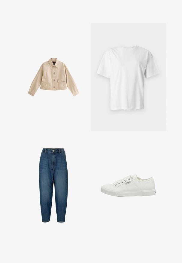 Chaqueta corta beige con mangas largas, cuello, cierre frontal con botones y dos grandes bolsillos frontales con solapas.; Camiseta blanca lisa de manga corta con cuello redondo, mostrada plana sobre un fondo gris claro.; Vaqueros de mezclilla azul de cintura alta con un corte relajado, que presentan bolsillos frontales, cierre de cremallera y un leve desgaste en la tela.; Zapatilla de lona blanca con puntera redonda, seis ojales, paneles laterales texturizados y suela de goma. Pequeño logotipo de la marca en el lateral.